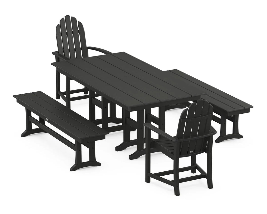 Polywood PWS1174-1 Classic Adirondack 5-Piece Farmhouse Dining Set with Benches ( Pedestal Legs)
