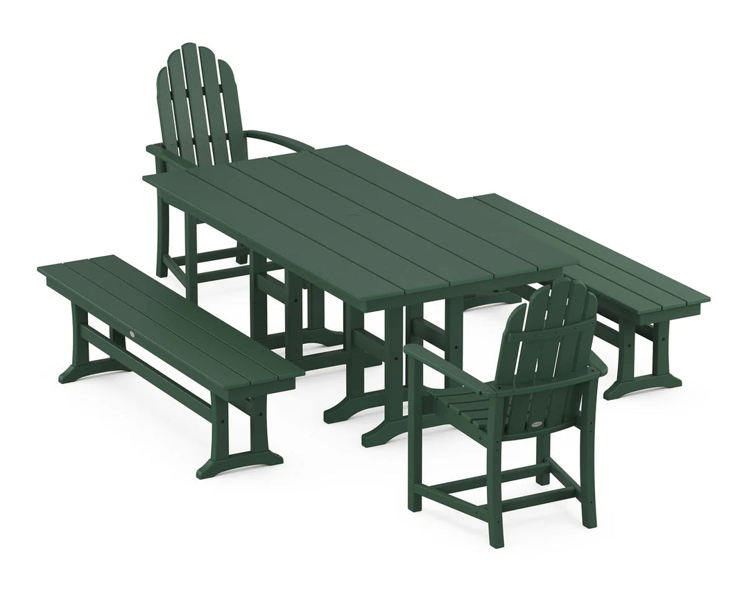 Polywood PWS1174-1 Classic Adirondack 5-Piece Farmhouse Dining Set with Benches ( Pedestal Legs)