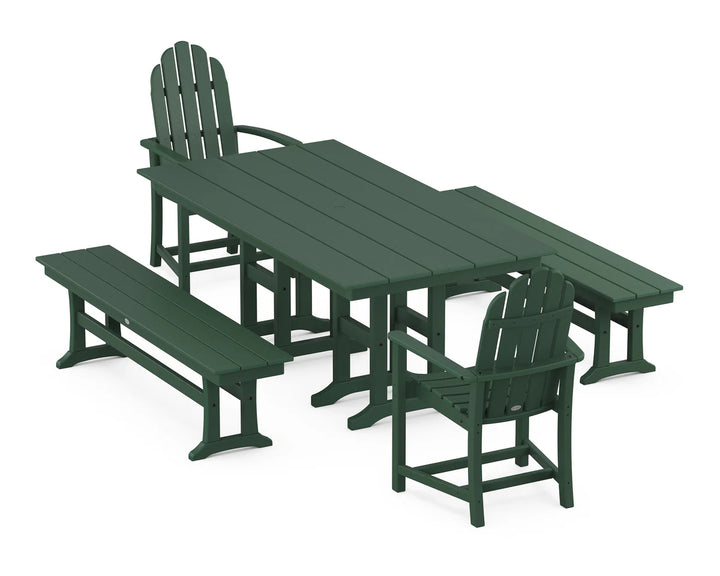 Polywood PWS1174-1 Classic Adirondack 5-Piece Farmhouse Dining Set with Benches ( Pedestal Legs)