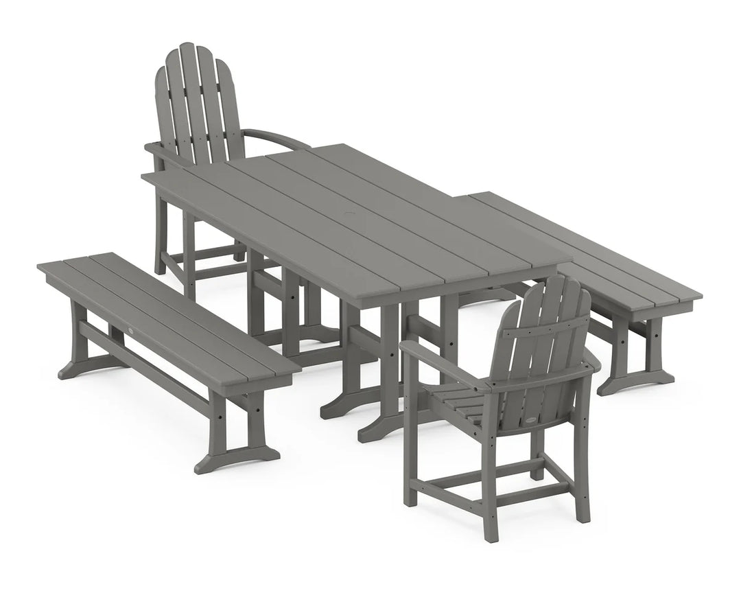 Polywood PWS1174-1 Classic Adirondack 5-Piece Farmhouse Dining Set with Benches ( Pedestal Legs)