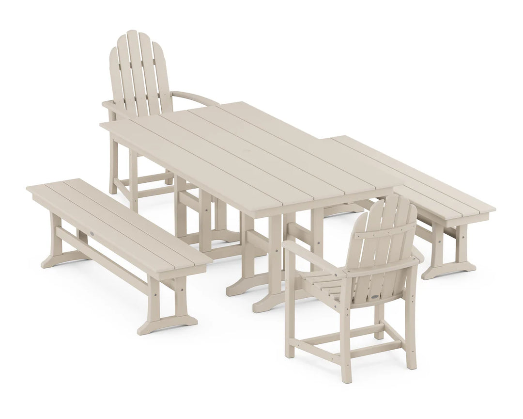 Polywood PWS1174-1 Classic Adirondack 5-Piece Farmhouse Dining Set with Benches ( Pedestal Legs)