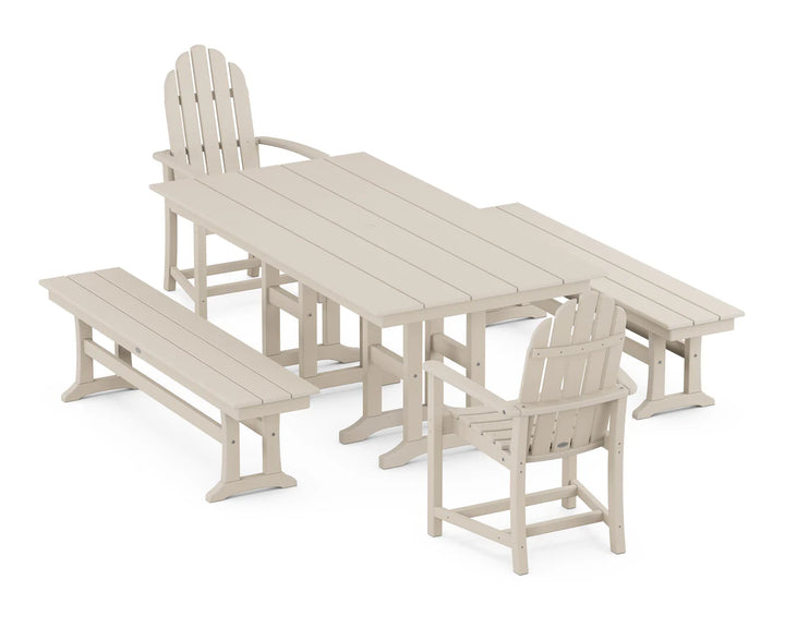 Polywood PWS1174-1 Classic Adirondack 5-Piece Farmhouse Dining Set with Benches ( Pedestal Legs)