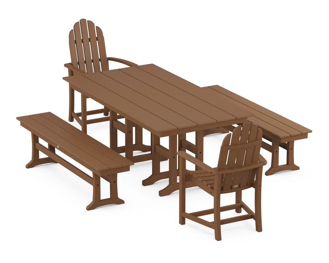 Polywood PWS1174-1 Classic Adirondack 5-Piece Farmhouse Dining Set with Benches ( Pedestal Legs)