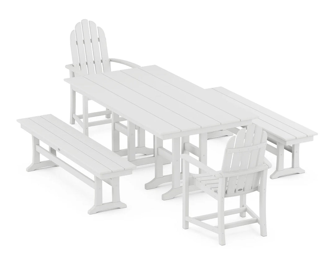 Polywood PWS1174-1 Classic Adirondack 5-Piece Farmhouse Dining Set with Benches ( Pedestal Legs)